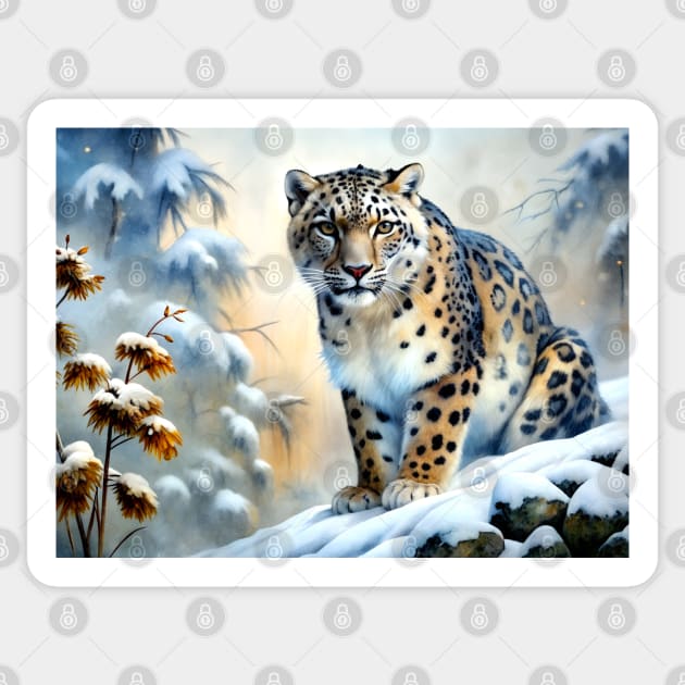 A Proud Snow Leopard Went Hunting, in the Snowy forest, Hight Mountains, Snow Falling, Winter Landscape, Wildlife White Pantera, Watercolor Realistic Illustration, Art, Portrait, Poster, Shirt, Christmas Sticker by sofiartmedia